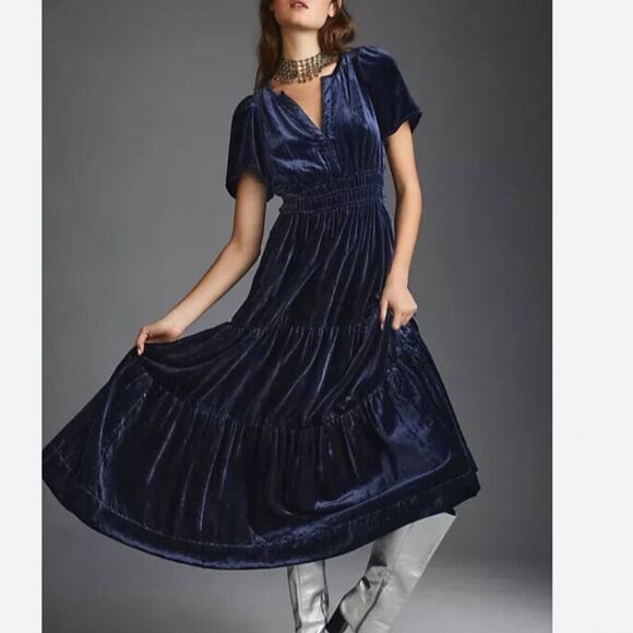 Anthropologie The Somerset Velvet Maxi Long Blue Dress  Large - Picture 1 of 3